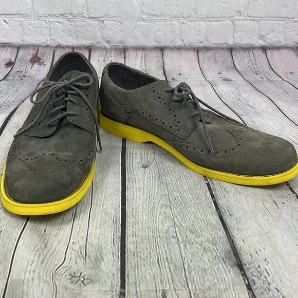 Timberland Men’s Gray Wingtip Suede Loafers with Bright Yellow Sole. Size 10