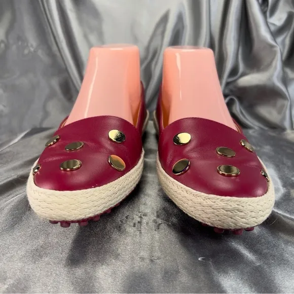 Tod’s Women’s 6.5 Espadrilles Ruby Red Leather Gold Pokka Dot Preppy Spring Shoe