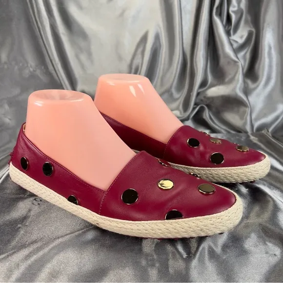 Tod’s Women’s 6.5 Espadrilles Ruby Red Leather Gold Pokka Dot Preppy Spring Shoe