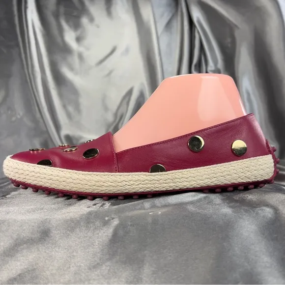 Tod’s Women’s 6.5 Espadrilles Ruby Red Leather Gold Pokka Dot Preppy Spring Shoe