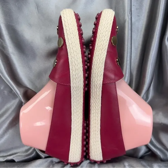Tod’s Women’s 6.5 Espadrilles Ruby Red Leather Gold Pokka Dot Preppy Spring Shoe