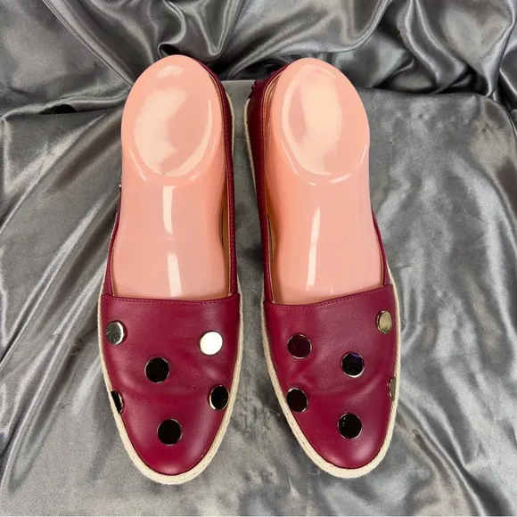 Tod’s Women’s 6.5 Espadrilles Ruby Red Leather Gold Pokka Dot Preppy Spring Shoe