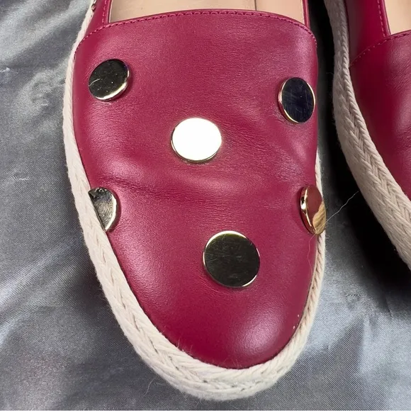 Tod’s Women’s 6.5 Espadrilles Ruby Red Leather Gold Pokka Dot Preppy Spring Shoe