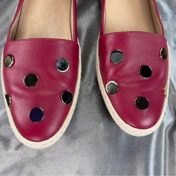 Tod’s Women’s 6.5 Espadrilles Ruby Red Leather Gold Pokka Dot Preppy Spring Shoe