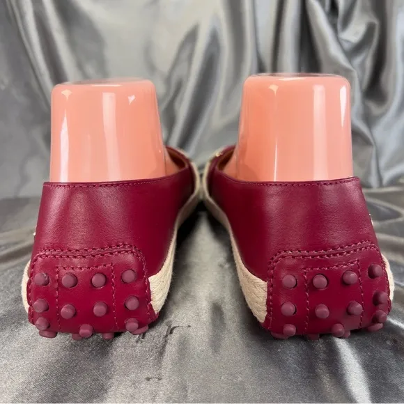 Tod’s Women’s 6.5 Espadrilles Ruby Red Leather Gold Pokka Dot Preppy Spring Shoe