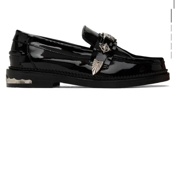 Toga Pulla Black Loafers CURRENT! patent leather 37 retail $525 EUC