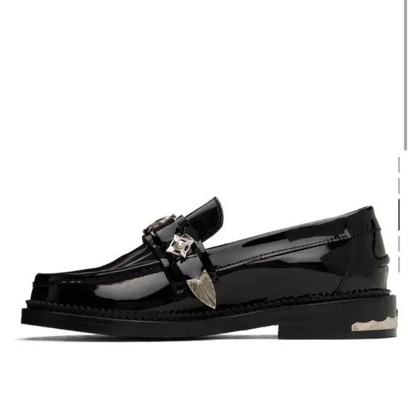 Toga Pulla Black Loafers CURRENT! patent leather 37 retail $525 EUC