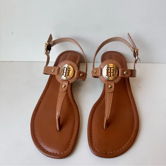 Tommy Hilfiger Women’s Brown And Gold Leather Strap Sandals Size:9.5