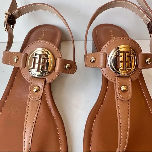 Tommy Hilfiger Women’s Brown And Gold Leather Strap Sandals Size:9.5