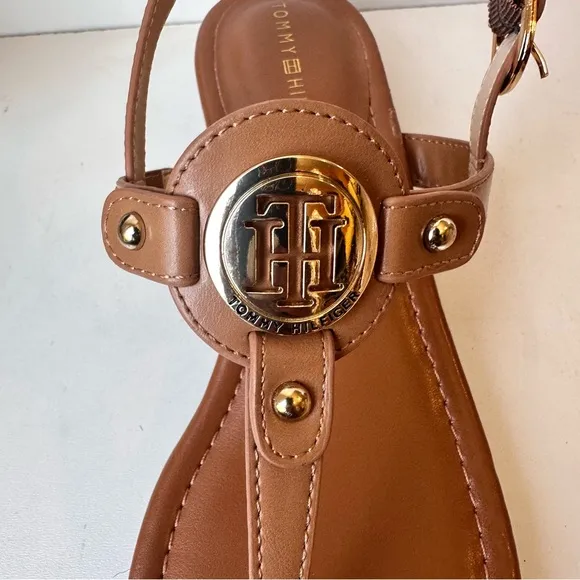 Tommy Hilfiger Women’s Brown And Gold Leather Strap Sandals Size:9.5