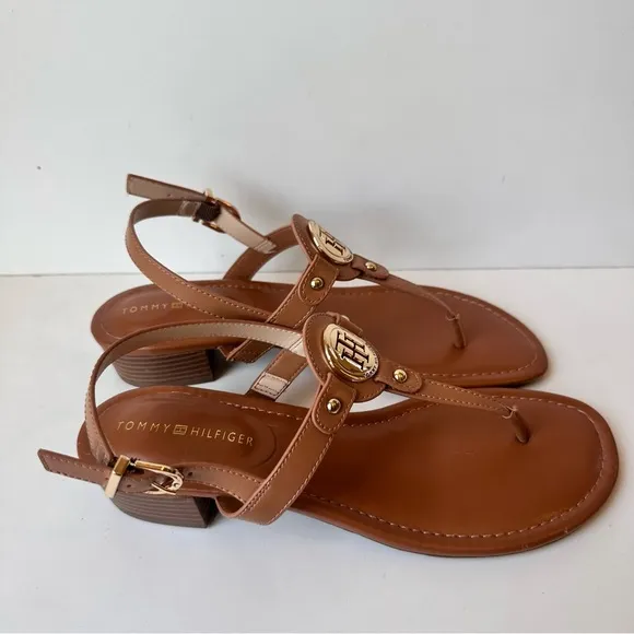 Tommy Hilfiger Women’s Brown And Gold Leather Strap Sandals Size:9.5