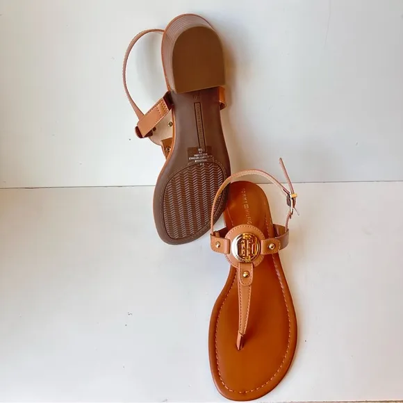 Tommy Hilfiger Women’s Brown And Gold Leather Strap Sandals Size:9.5