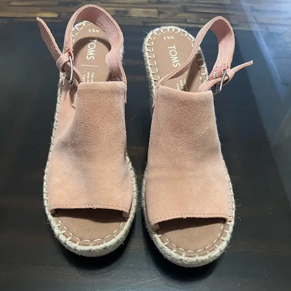 Toms Monica Slingback Espadrilles Leather Suede Wedge Size 8.5