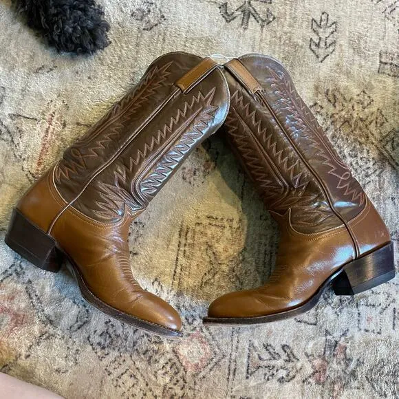 Tony Lama Brown Leather Two-Tone Stitched Cowboy Western Boots Women's SZ 7 Wide