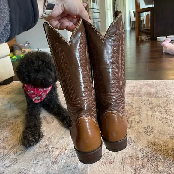 Tony Lama Brown Leather Two-Tone Stitched Cowboy Western Boots Women's SZ 7 Wide
