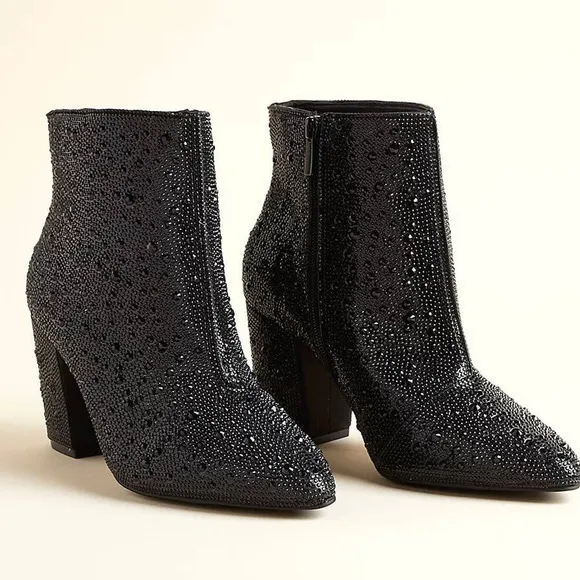 Torrid 13WW‎ Wide Width Betsey Johnson Black Rhinestone 3.5&quot; Heel Bootie Boots