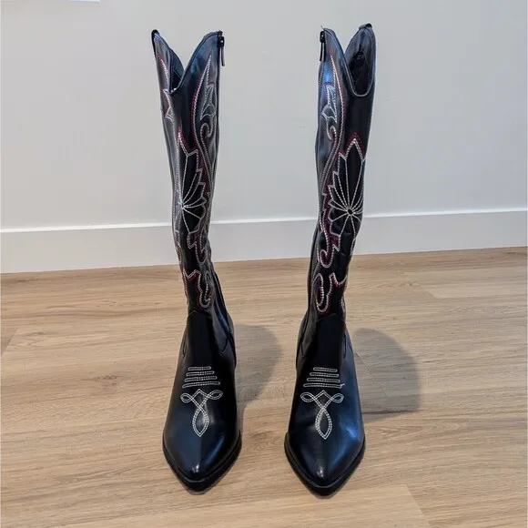 Torrid Tall Zip Cowboy Boots 6WW Black Wide Width Western Embroidery Block Heel
