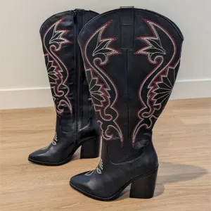 Torrid Tall Zip Cowboy Boots 6WW Black Wide Width Western Embroidery Block Heel