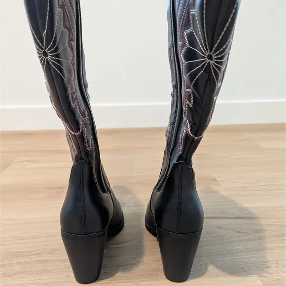 Torrid Tall Zip Cowboy Boots 6WW Black Wide Width Western Embroidery Block Heel