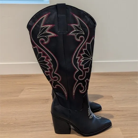 Torrid Tall Zip Cowboy Boots 6WW Black Wide Width Western Embroidery Block Heel