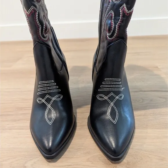 Torrid Tall Zip Cowboy Boots 6WW Black Wide Width Western Embroidery Block Heel