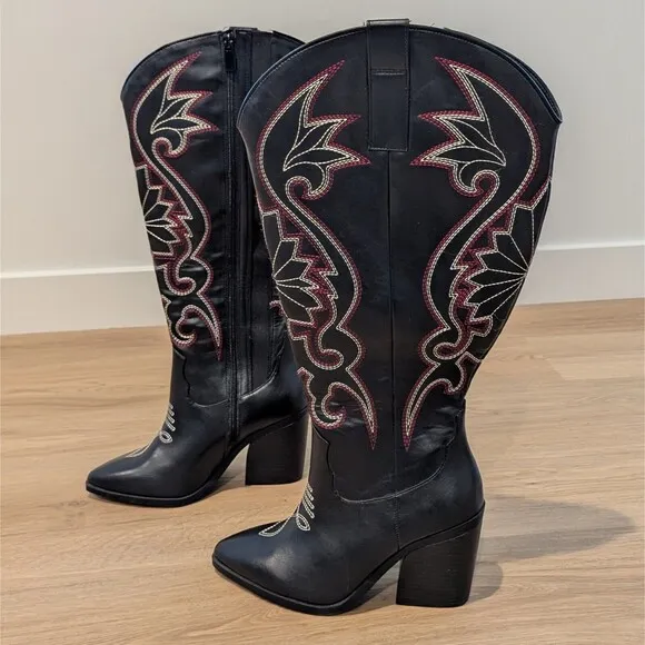 Torrid Tall Zip Cowboy Boots 6WW Black Wide Width Western Embroidery Block Heel