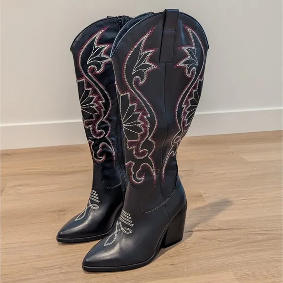 Torrid Tall Zip Cowboy Boots 6WW Black Wide Width Western Embroidery Block Heel