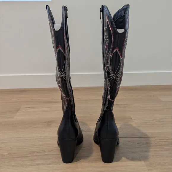 Torrid Tall Zip Cowboy Boots 6WW Black Wide Width Western Embroidery Block Heel