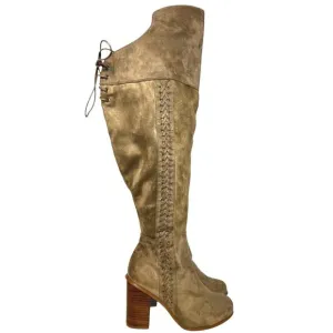 TORRID Taupe Faux Suede Over-The-Knee Heeled Boots 8W Braid Detail Stretch Gored