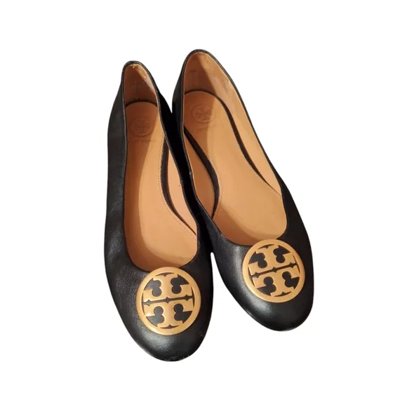 Tory Burch Ballet Flats Black Leather w/ Gold Toned Logo Ladies 7 1/2 OLD MONEY