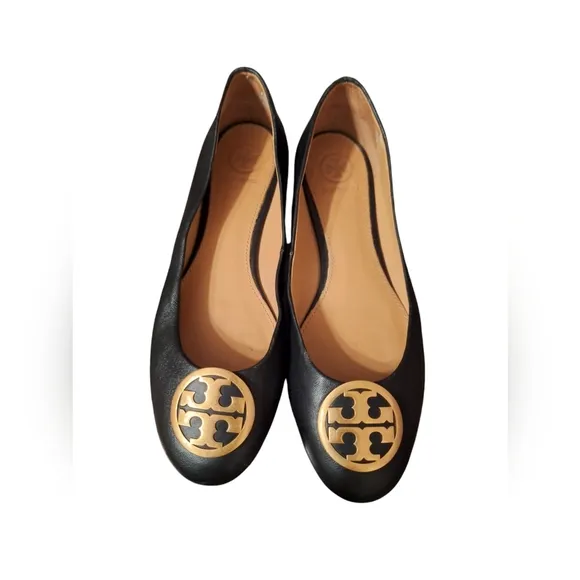 Tory Burch Ballet Flats Black Leather w/ Gold Toned Logo Ladies 7 1/2 OLD MONEY
