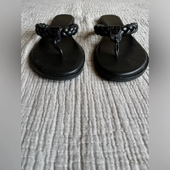 Tory Burch Benton Braided Black Leather Thong Sandals sz 9