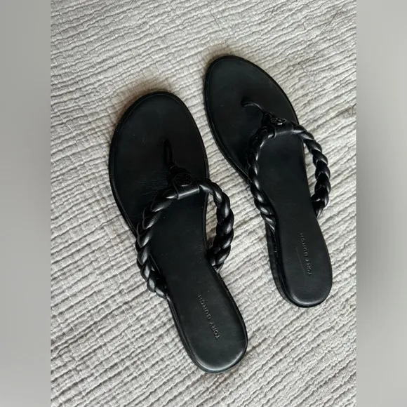 Tory Burch Benton Braided Black Leather Thong Sandals sz 9