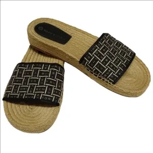 TORY BURCH BLACK LATTICE LOGO SLIDES ESPADRILLES