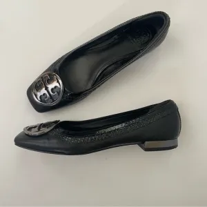 Tory Burch Black Leather Square Toe Ballet Flats Size 8 Silver