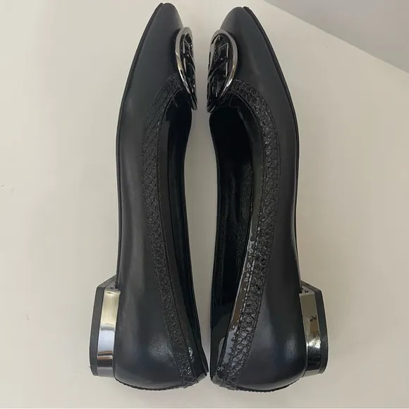 Tory Burch Black Leather Square Toe Ballet Flats Size 8 Silver