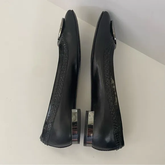 Tory Burch Black Leather Square Toe Ballet Flats Size 8 Silver