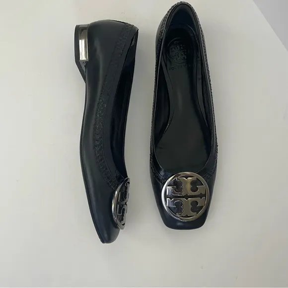 Tory Burch Black Leather Square Toe Ballet Flats Size 8 Silver
