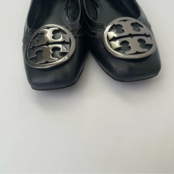 Tory Burch Black Leather Square Toe Ballet Flats Size 8 Silver
