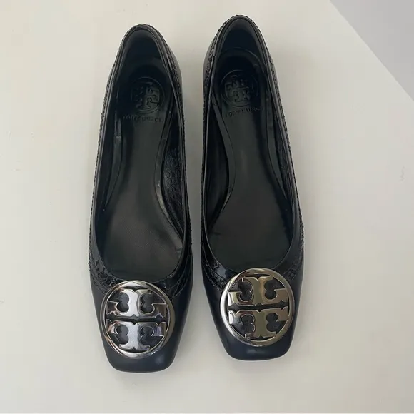 Tory Burch Black Leather Square Toe Ballet Flats Size 8 Silver