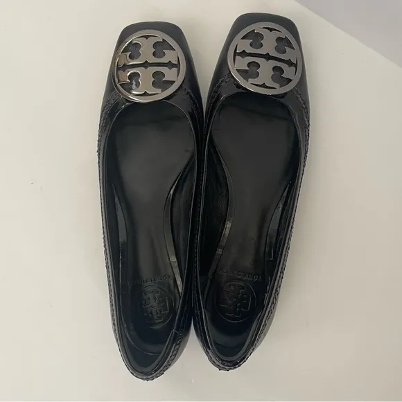 Tory Burch Black Leather Square Toe Ballet Flats Size 8 Silver