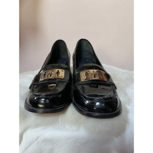 Tory Burch Black Patent Leather Classic Heeled Loafers 6.5 Gold-Tone Hardware
