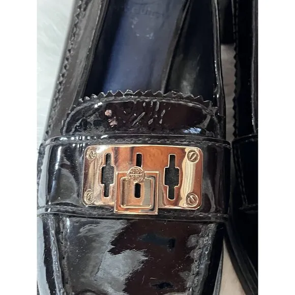 Tory Burch Black Patent Leather Classic Heeled Loafers 6.5 Gold-Tone Hardware
