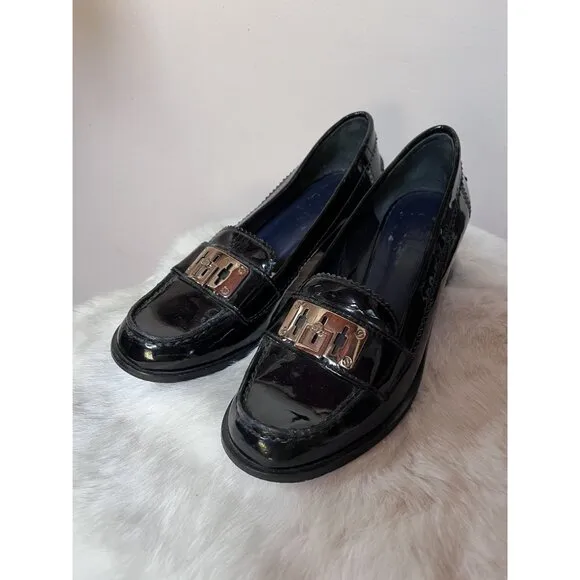 Tory Burch Black Patent Leather Classic Heeled Loafers 6.5 Gold-Tone Hardware