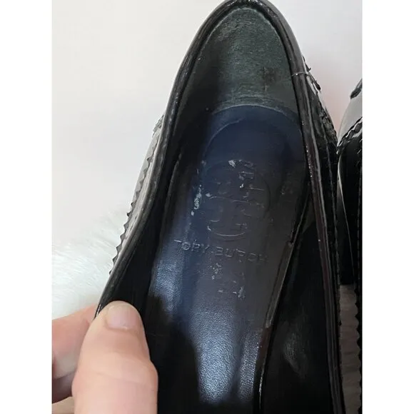 Tory Burch Black Patent Leather Classic Heeled Loafers 6.5 Gold-Tone Hardware