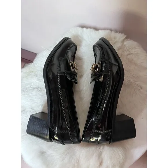Tory Burch Black Patent Leather Classic Heeled Loafers 6.5 Gold-Tone Hardware