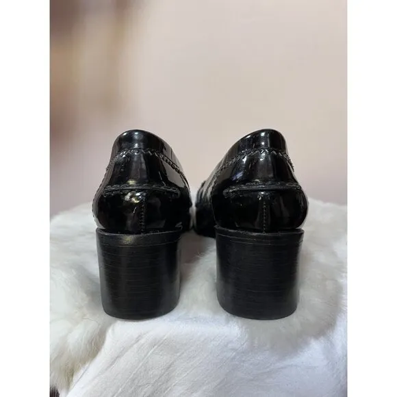 Tory Burch Black Patent Leather Classic Heeled Loafers 6.5 Gold-Tone Hardware
