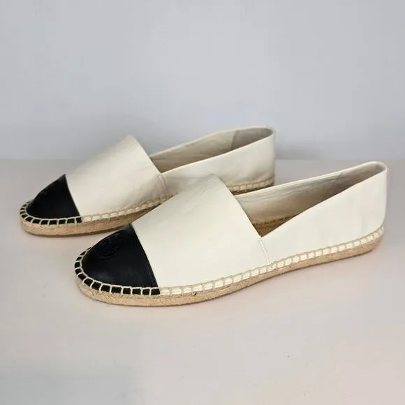 Tory Burch Black White Colorblock Espadrilles Flat Leather Upper Size 10 SEE