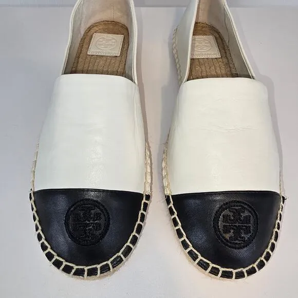 Tory Burch Black White Colorblock Espadrilles Flat Leather Upper Size 10 SEE