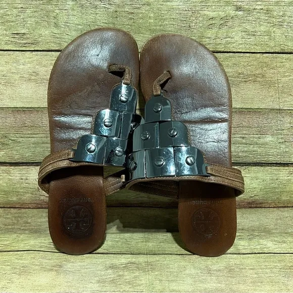 Tory Burch Brown Leather Plated Thong Sandals